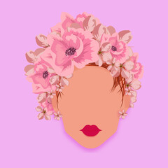 Delicate features, porcelain skin, and raven hair adorned with a vibrant flower crown. Daisies, lilies, and roses in shades of pink, yellow, and white dance around her forehead as if plucked from a wh