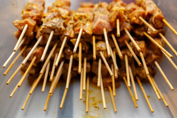 Close shot for meat skewers kebab, no one, no face