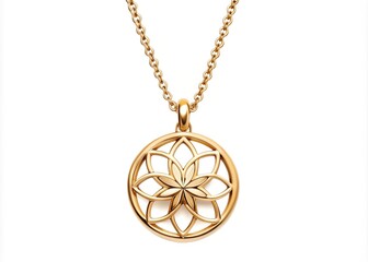 A gold metallic icon pendant attached to a delicate chain, hanging against a soft, white background, symbolizing elegance and sophistication in jewelry design.