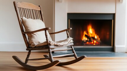 Antique rocking chair with worn-out cushions and sun-bleached fabric, placed by a fireplace, evoking a sense of warmth and nostalgia