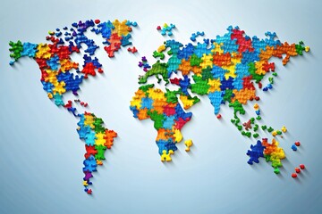 Fototapeta premium A global map with puzzle pieces fitting together, symbolizing international collaboration and awareness for Alzheimer's disease and dementia research and education.