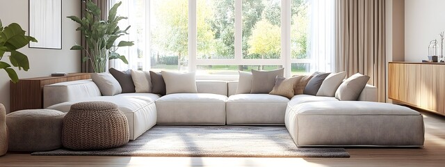 Obraz premium Cozy and inviting modern living room with a large comfortable sectional sofa and minimalist stylish decor The bright natural light filters in from the oversized windows