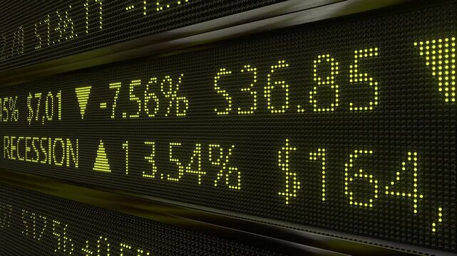 Recession Stock market indicators. Digital shares tickers data price display panel trading financial report.