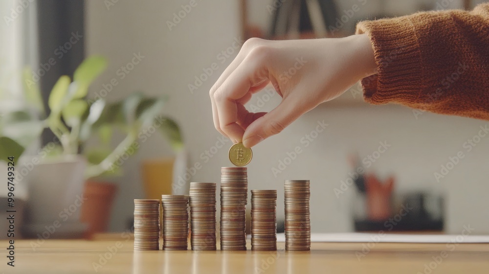 Poster A hand placing a coin on a stack of coins, symbolizing savings and investment growth.