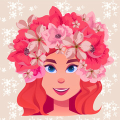 Delicate features, porcelain skin, and raven hair adorned with a vibrant flower crown. Daisies, lilies, and roses in shades of pink, yellow, and white dance around her forehead as if plucked from a wh