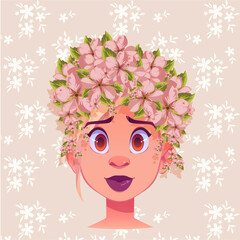 Delicate features, porcelain skin, and raven hair adorned with a vibrant flower crown. Daisies, lilies, and roses in shades of pink, yellow, and white dance around her forehead as if plucked from a wh