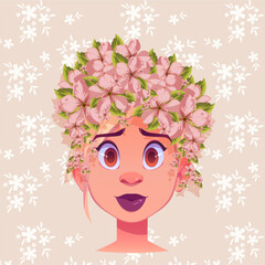 Delicate features, porcelain skin, and raven hair adorned with a vibrant flower crown. Daisies, lilies, and roses in shades of pink, yellow, and white dance around her forehead as if plucked from a wh