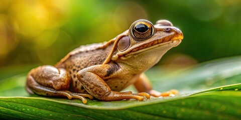 Obraz premium A solitary brown frog sits calmly on a muted green leaf, its vibrant golden eyes and textured skin standing out against a soft, blurred background.