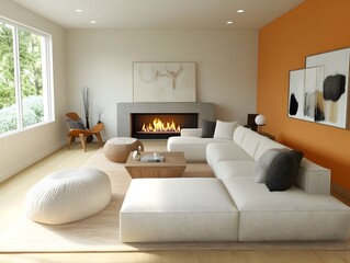 Cozy and inviting modern living room with a large comfortable sectional sofa and minimalist stylish decor  The bright walls accentuate the natural light and airy feel