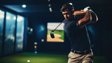 A golfer swings in an indoor facility, showcasing technique and focus.