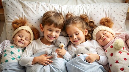 Adorable children snuggled up in cozy beds, soft toys and blankets surrounding them, peacefully sleeping with gentle smiles on their innocent faces.