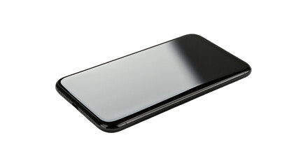 A black smartphone with a blank screen, laying flat on a black background.
