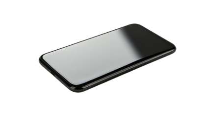 A black smartphone with a blank screen, laying flat on a black background.