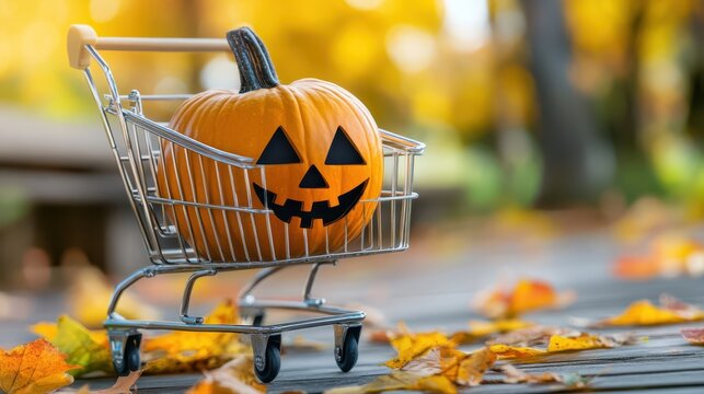 a shopping cart with a pumpkin inside