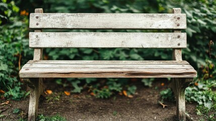 Fototapeta premium Distressed wooden bench with splintered edges, chipped paint, and rusty nails, placed in an overgrown garden, symbolizing rural tranquility