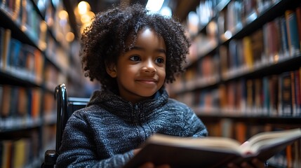 Happy young disabled mixed race school student in wheelchair reading a library book. African american child with disability learning. Inclusive & diverse education