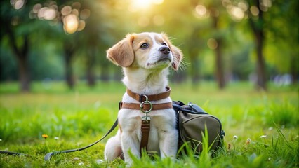 Adorable playful puppy sits on grass, wearing tiny backpack and looking up at leash, ready for outdoor adventure and obedience training lessons.