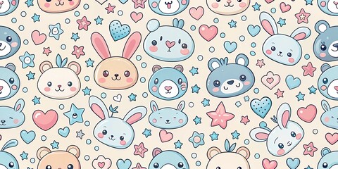 Adorable pastel pink and blue kawaii pattern featuring cute cartoon animals, hearts, and stars on a soft, creamy white background.