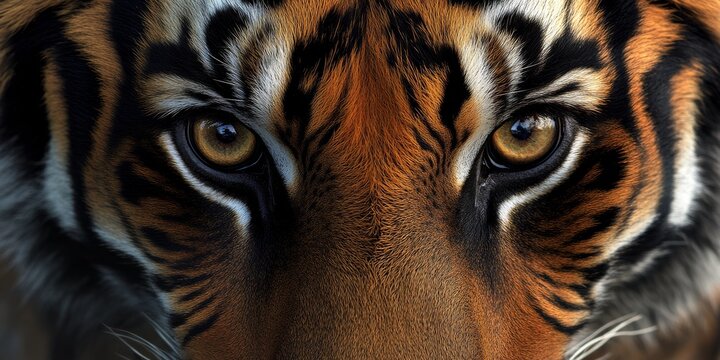 A detailed macro shot of a tiger face with a focus on its intense gaze and facial features, emphasizing the sharpness and power of the animal. 