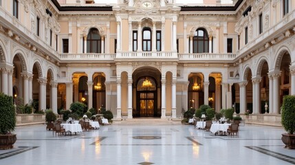 Fototapeta premium The luxurious hotel features classical design elements, tall ceilings, and radiant lighting that enhances its elegant facade at twilight