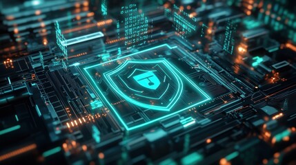 Obraz premium A digital circuit board featuring a glowing shield symbol, representing cybersecurity.