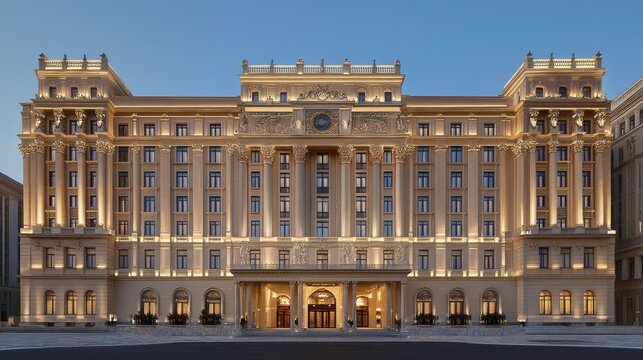 The luxurious hotel features classical design elements, tall ceilings, and radiant lighting that enhances its elegant facade at twilight