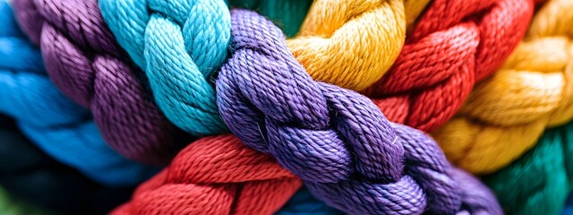 Close-up of colorful ropes and threads woven together, symbolizing unity in diversity.