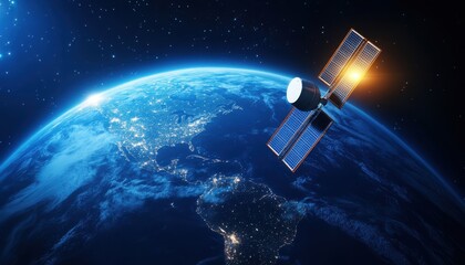 Satellite orbiting Earth with glowing sunlight in the background.