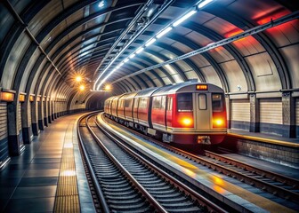 Busy commuter train speeds through dimly lit underground tunnel on iconic London subway line, moody lighting casting shadows on sleek modern carriages.