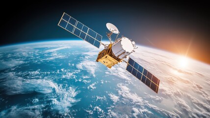 Satellite orbiting Earth with solar panels, detailed view, space background.