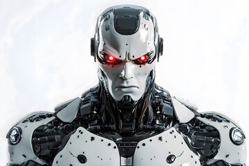 futuristic robot cyborg with angry red eyes, artificial intelligence	