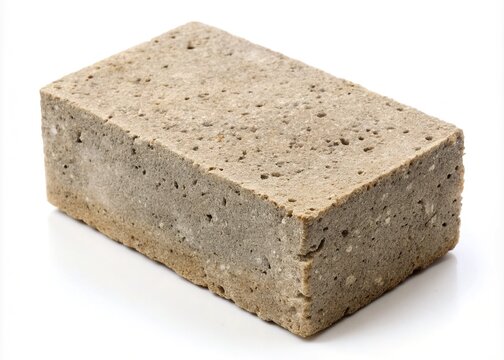 Close-up of a fly ash brick, a sustainable building material made from industrial waste, with a textured rugged surface and earthy tone, isolated on white.