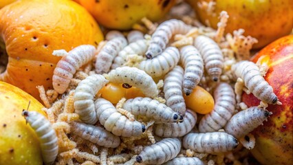 Close-up of a cluster of white, legless, and squirmy maggots crawling on a decaying piece of fruit, surrounded by tiny eggs and organic debris.