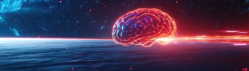Fototapeta premium Futuristic brain illustration with bright neon colors, showcasing technology and creativity in a cosmic environment.