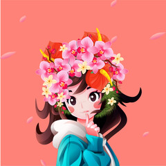 Delicate features, porcelain skin, and raven hair adorned with a vibrant flower crown. Daisies, lilies, and roses in shades of pink, yellow, and white dance around her forehead as if plucked from a wh