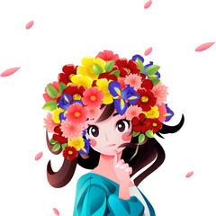 Delicate features, porcelain skin, and raven hair adorned with a vibrant flower crown. Daisies, lilies, and roses in shades of pink, yellow, and white dance around her forehead as if plucked from a wh