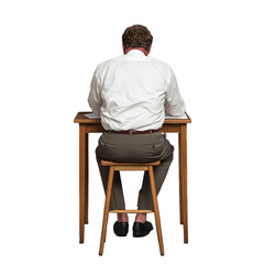 Fototapeta premium Rear view of a man in white shirt sitting at a desk, writing notes on a transparent background