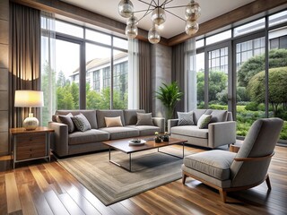 Obraz premium Cozy modern living room with plush gray couch, matching armchair, and coffee table, set against a backdrop of large windows and sleek hardwood flooring.
