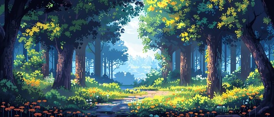 2D pixel art forest with tall trees, wildlife, and a hidden path leading to a mysterious cave