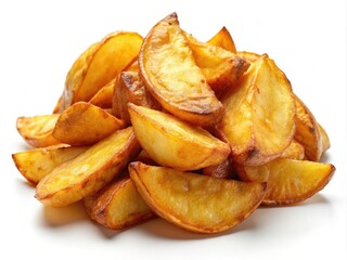 Crispy golden fried potato wedges isolated on a white background, perfectly cooked to a delicious crunch, adding a savory touch to any meal.