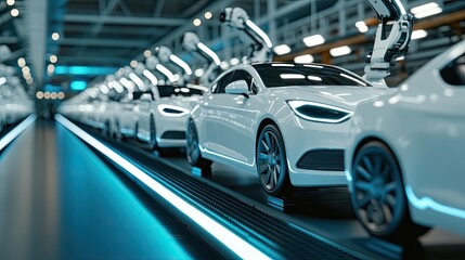 Naklejka premium Robotic arms assemble white cars on a modern production line, surrounded by a clean, light blue aesthetic showcasing advanced manufacturing technology
