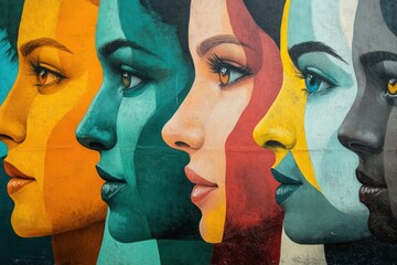 Colorful mural of five female faces in profile.