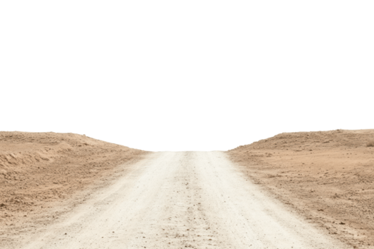 A single dirt road winds towards a green sky in a deserted landscape.