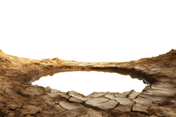 A small pool of water sits in a cracked and dry earth landscape.