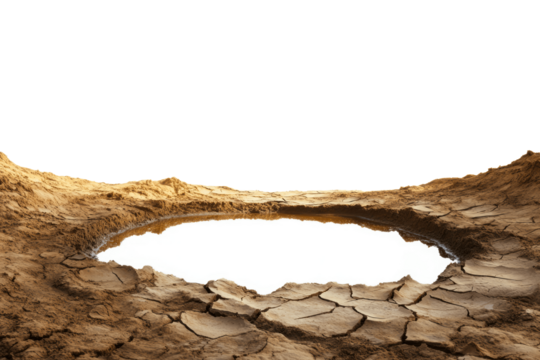 A small pool of water sits in a cracked and dry earth landscape.