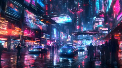 Obraz premium Cyber Monday retail utopia featuring autonomous delivery drones shimmering augmented reality displays and sleek hover vehicles set against a neon lit cyberpunk inspired cityscape