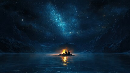 Serene night scene with stars, water, and fire, creating a tranquil atmosphere.