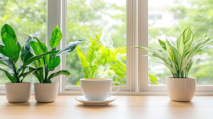 Fototapeta premium A steaming cup of coffee sits on an oak table, sunlight filters through large windows, casting a warm glow over vibrant green plants outside