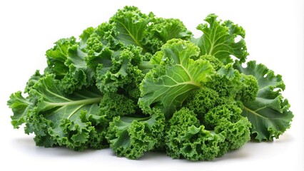 Fresh green curly kale leaves isolated on white background, crispy and healthy, perfect for salad or smoothie, highlighting nutritious superfood benefits.