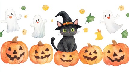 Magical Halloween Scene with Black Cat in Witch Hat, Jack-O'-Lanterns, and Ghosts in Watercolor Style